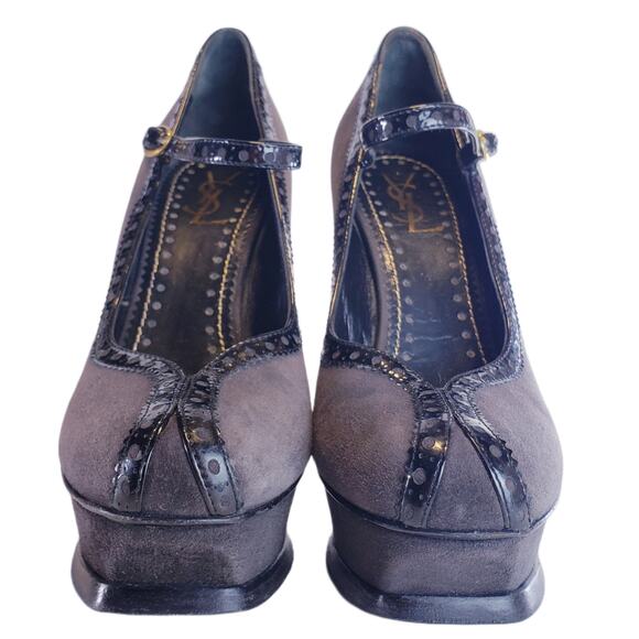 YVES SAINT LAURENT TRIBUTE MARY JANE PLATFORM PUMPS IN GRAY PATENT TRIM SIZE 8.5 - Picture 10 of 11